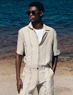 Cotton Linen Blend Striped Short Sleeve Shirt