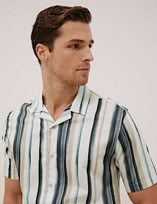 Cotton Striped Cuban Collar Shirt