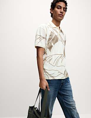 Pure Cotton Exploded Palm Print Polo Shirt