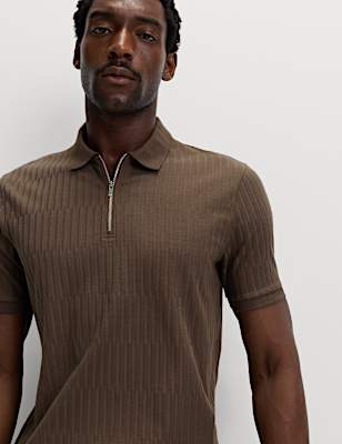 Cotton Rich Jacquard Zip Up Polo Shirt