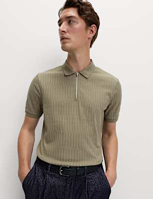 Cotton Rich Jacquard Zip Up Polo Shirt