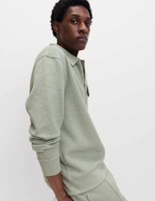 Cotton Blend Pique Half Zip Top