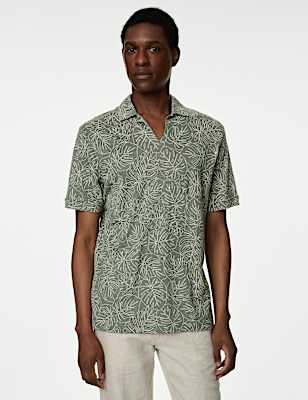Pure Linen Leaf Print Polo Shirt