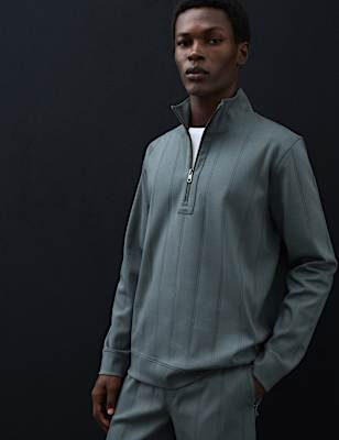 Pure Cotton Drop Needle Striped Half Zip Jacket