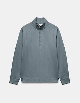 Pure Cotton Textured Striped Half Zip Jacket