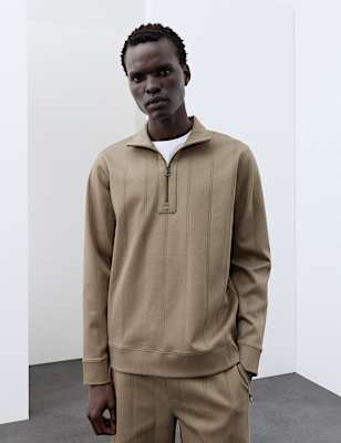 Pure Cotton Drop Needle Striped Half Zip Jacket