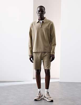 Cotton Rich Waffle Half Zip Long Sleeve Top