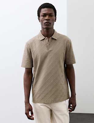 Pure Cotton Textured Jacquard Button Polo Shirt