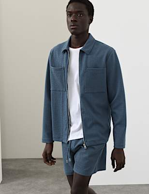 Cotton Blend Zip Up Textured Jacket