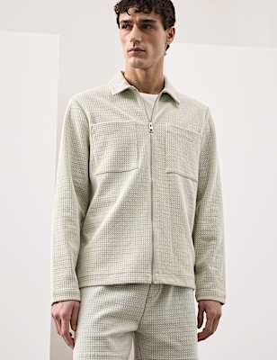 Cotton Blend Zip Up Textured Jacket