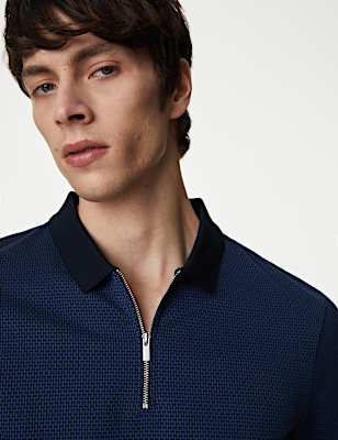 Pure Cotton Textured Half Zip Polo Shirt