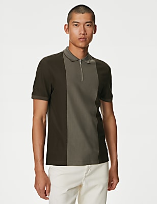 Pure Cotton Half Zip Colour Block Polo Shirt