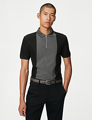 Pure Cotton Half Zip Colour Block Polo Shirt