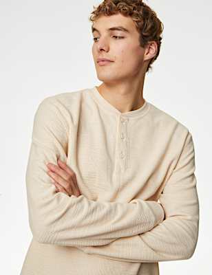 Cotton Blend Textured Henley T-Shirt