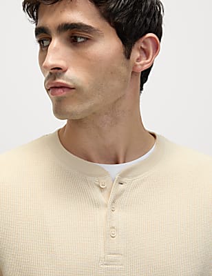 Pure Cotton Henley Waffle Long Sleeve Top