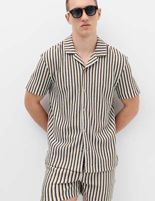 Cotton Blend Textured Striped Short Sleeve Shirt