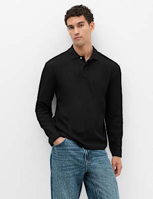 Cotton Blend Ribbed Long Sleeve Polo Shirt
