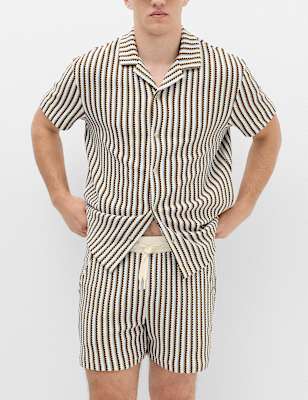 Striped Knit Textured Cotton Blend Shorts