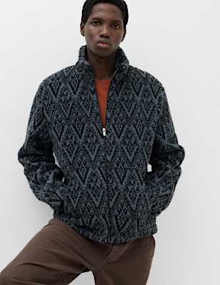 Printed Funnel Neck Fleece Jacket
