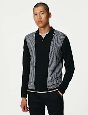 Cotton Rich Tipped Zip Up Knitted Polo Shirt