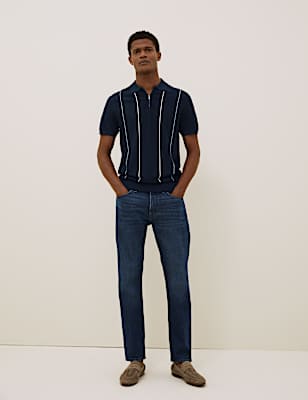 Silk Striped Zip Knitted Polo Shirt