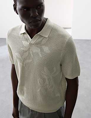 Pure Cotton Floral Knitted Polo Shirt