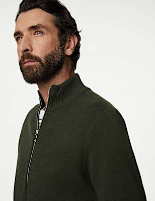 Cotton Blend Ribbed Zip Up Knitted Jacket