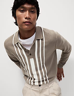Pure Cotton Striped Knitted Polo Shirt