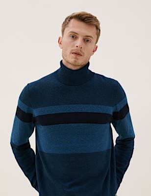Cotton Rich Chest Stripe Roll Neck Jumper