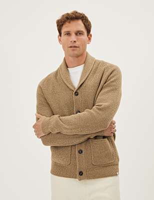 Cotton Blend Ribbed Shawl Collar Cardigan