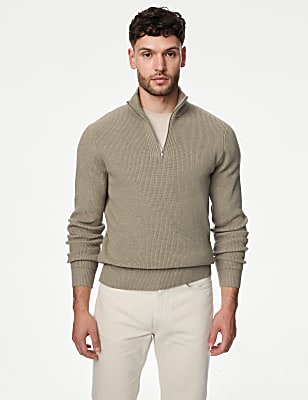Cotton Blend Ribbed Funnel Neck Jumper