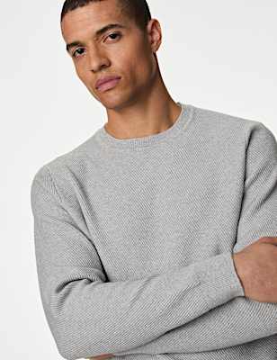 Cotton Blend Textured Crew Neck Jumper