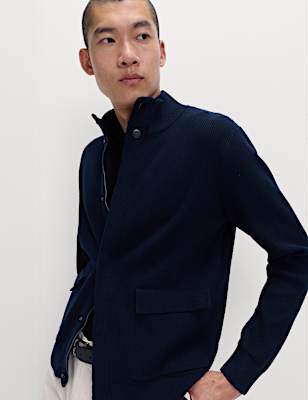 Cotton Blend Ribbed Funnel Neck Jacket