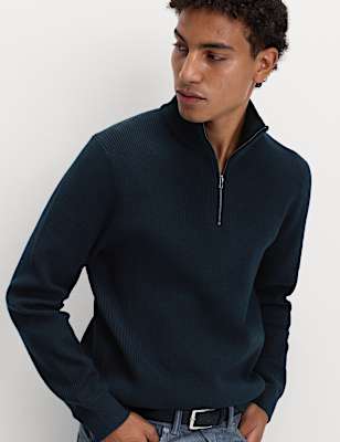 Cotton Blend Ribbed Half Zip Jumper