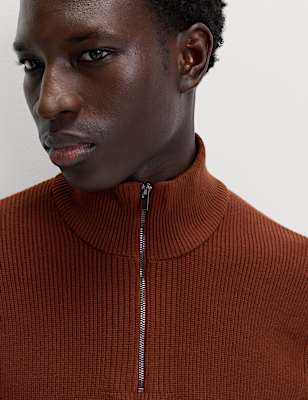 Cotton Blend Ribbed Half Zip Jumper