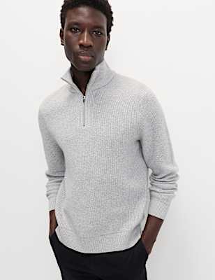 Cotton Blend Ribbed Half Zip Jumper