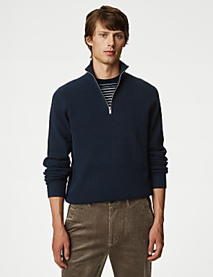 Cotton Blend Textured Half Zip Jumper