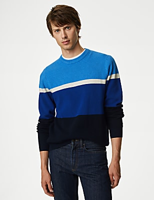 Cotton Blend Block Stripe Crew Neck Jumper