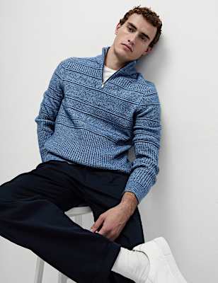 Textured Half Zip Jumper with Wool