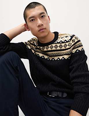 Fair Isle Cable Knit Crew Neck Jumper