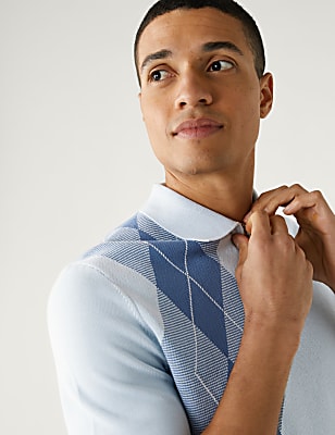 Cotton Rich Arygle Knitted Polo Shirt