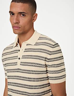 Pure Cotton Textured Striped Knitted Polo Shirt
