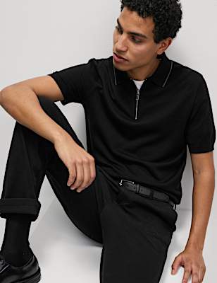 Cotton Rich Half Zip Knitted Polo Shirt