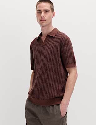 Boucle Striped Open Neck Knitted Polo Shirt