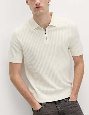 Cotton Rich Ribbed Knitted Zip Up Polo Shirt