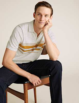 Cotton Chest Stripe Knitted Polo Shirt