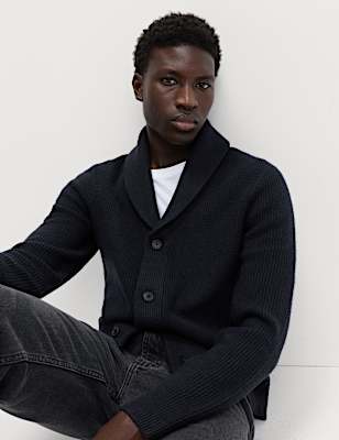 Air-Yarn Waffle Knit Shawl Neck Cardigan