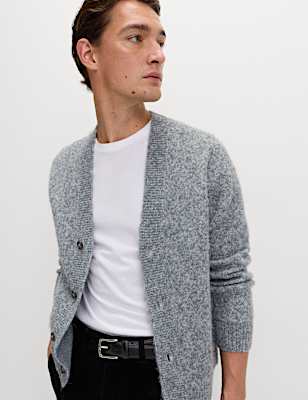 Relaxed Textured V-Neck Cardigan with Wool
