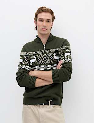 Pure Cotton Fair Isle Half Zip Jumper