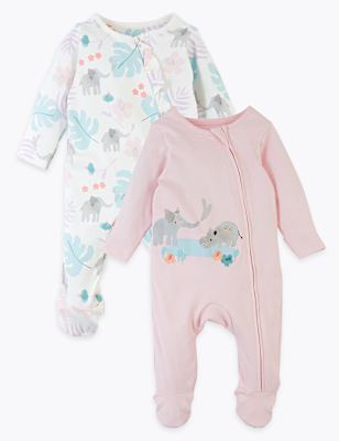 2 Pack Pure Cotton Elephant Sleepsuits (7 lbs - 12 Mths)